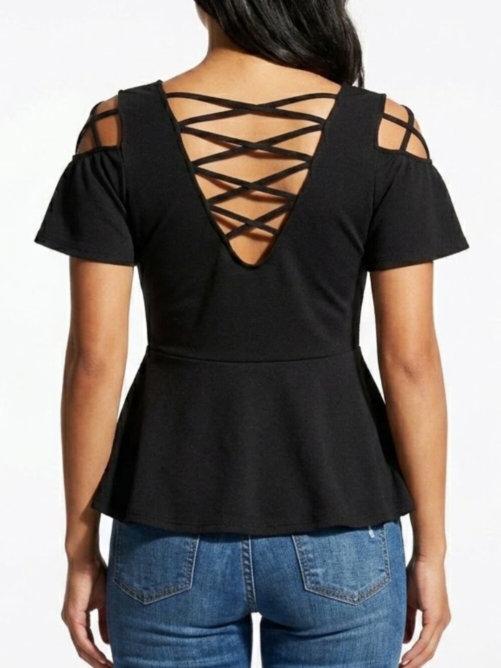 Goth Lattice Back Peplum Top Black Strappy Cold Shoulder Blouse Flared Cute L